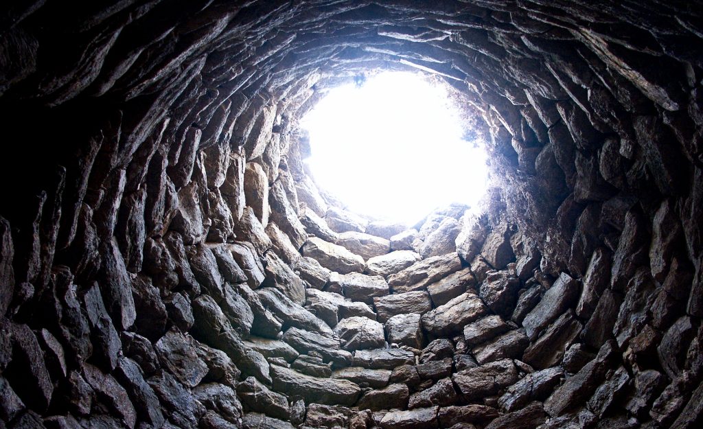 Interior view of a conical nuraghe tower called Tholos in sardinia