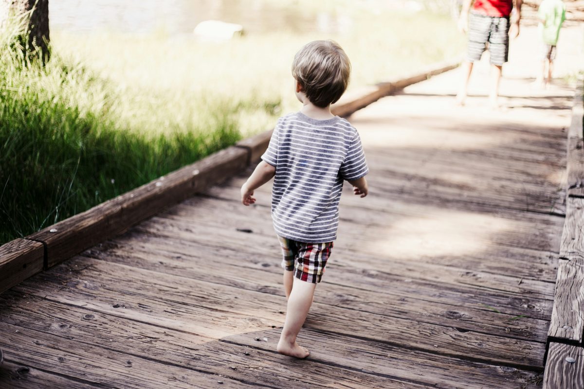 bambino su un sentiero in legno in natura